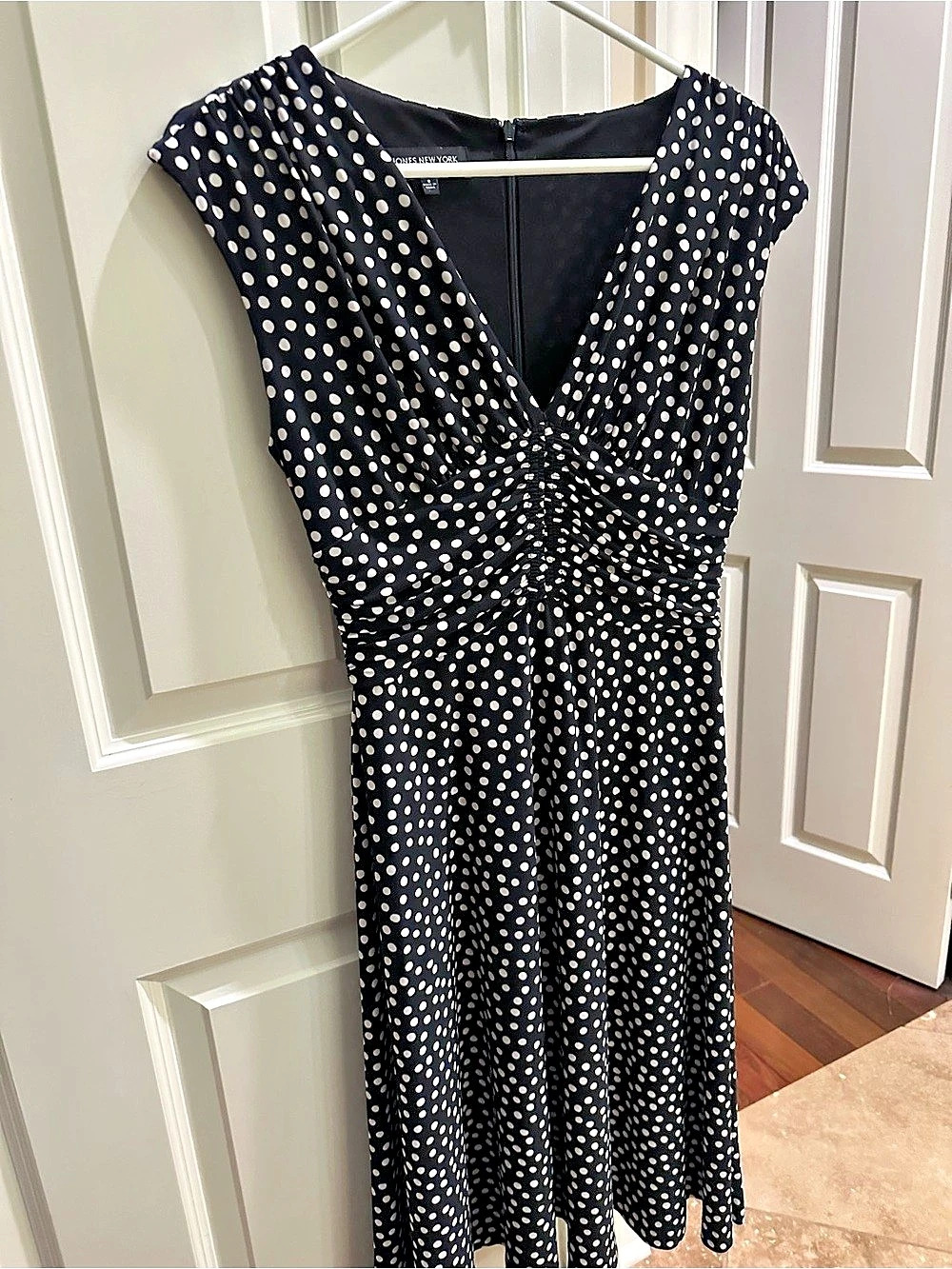 Jones New York Polka Dot Ruched Midi Dress in Black & White Like New